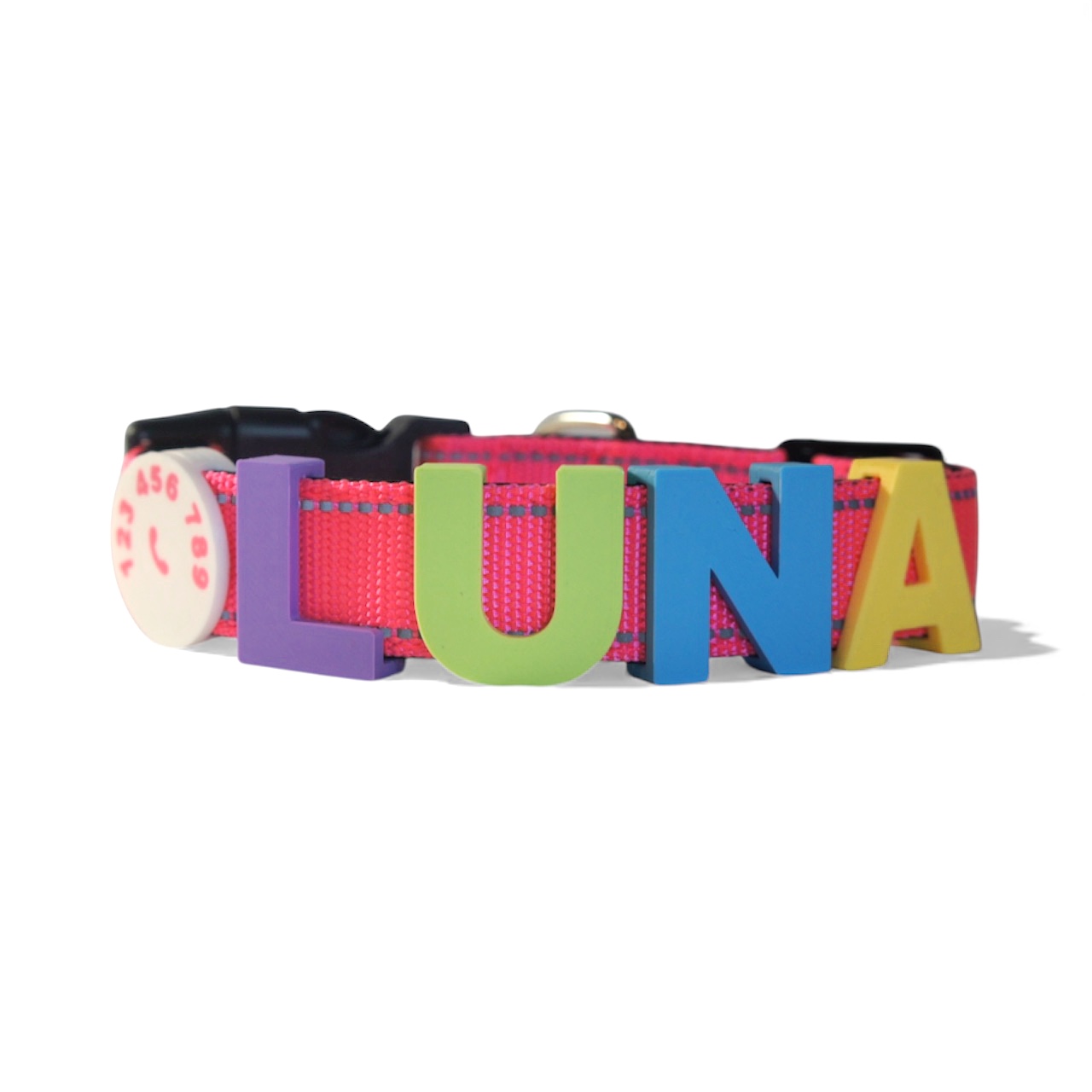 Collar de perro con palabra LUNA en colores